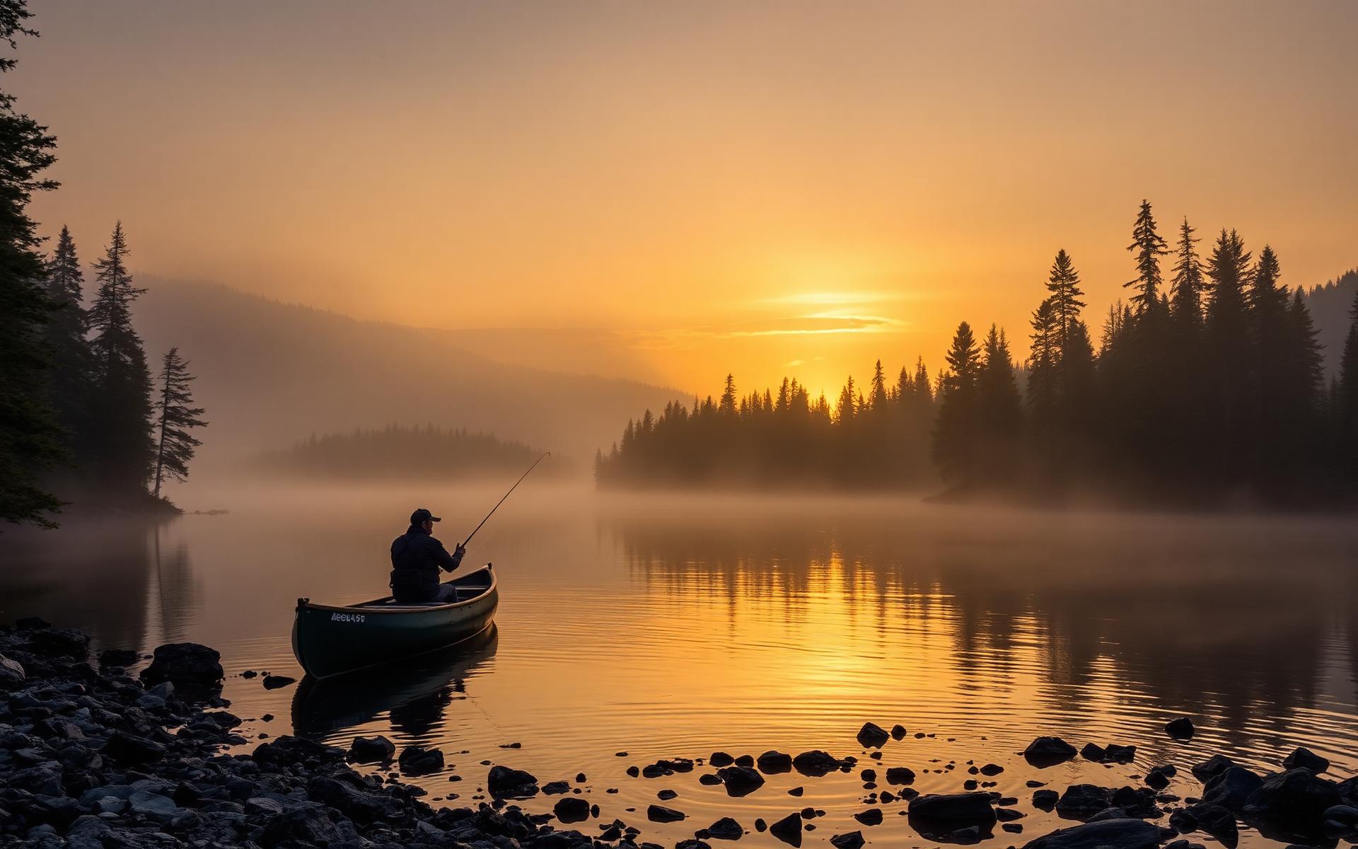 Angler on a misty Canadian lake at sunrise